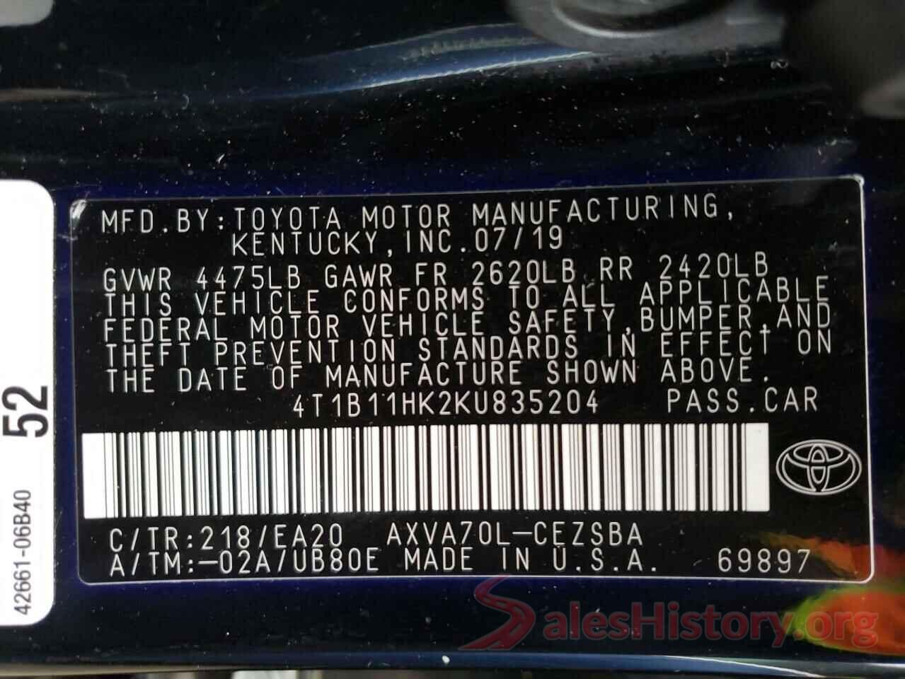 4T1B11HK2KU835204 2019 TOYOTA CAMRY