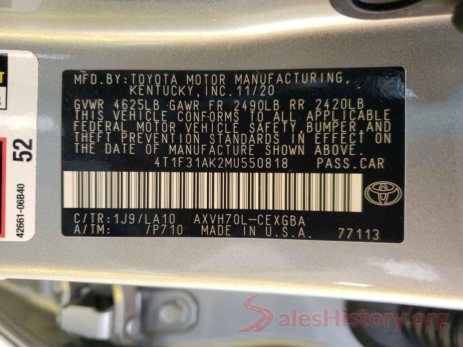 4T1F31AK2MU550818 2021 TOYOTA CAMRY