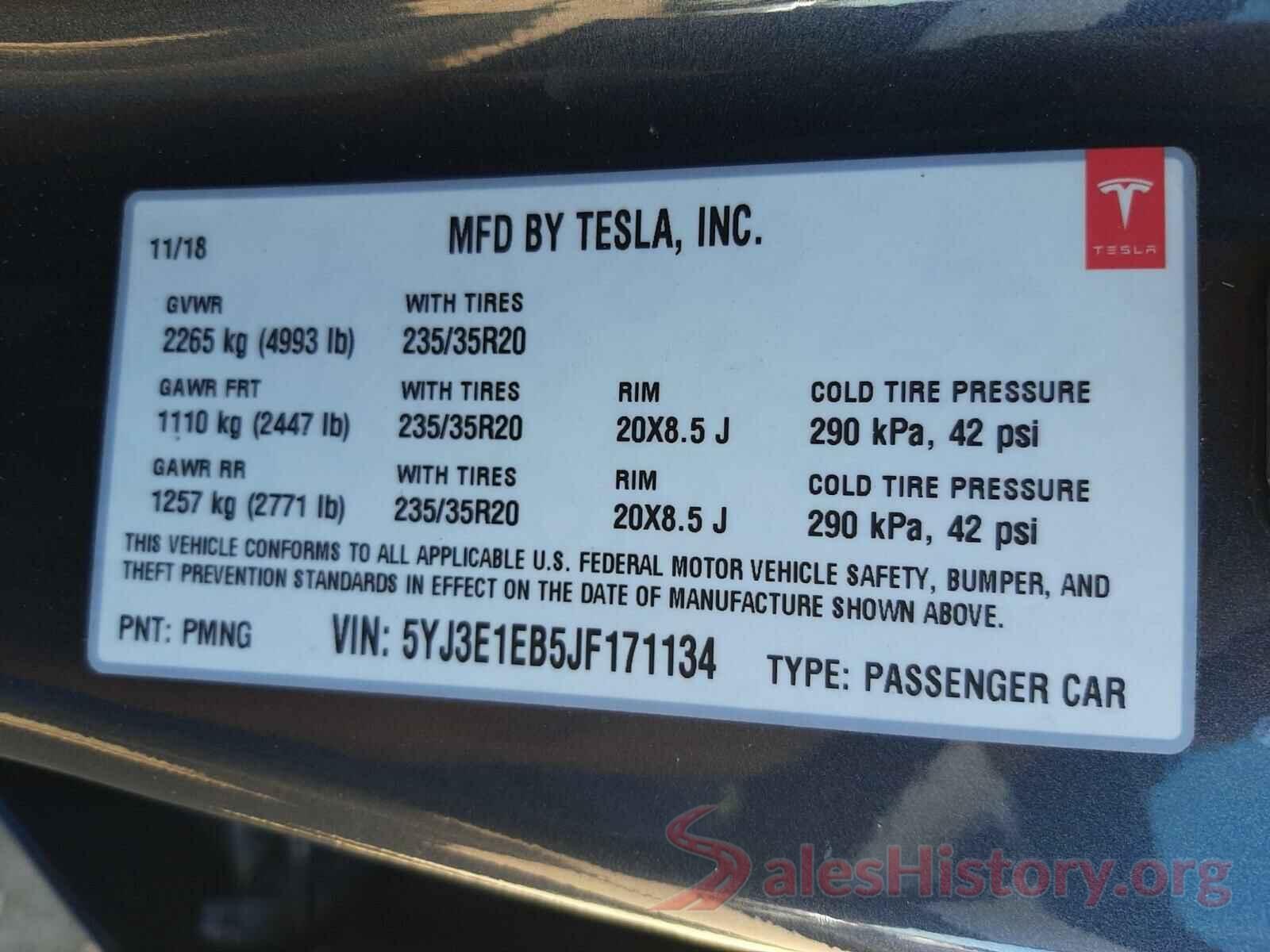 5YJ3E1EB5JF171134 2018 TESLA MODEL 3