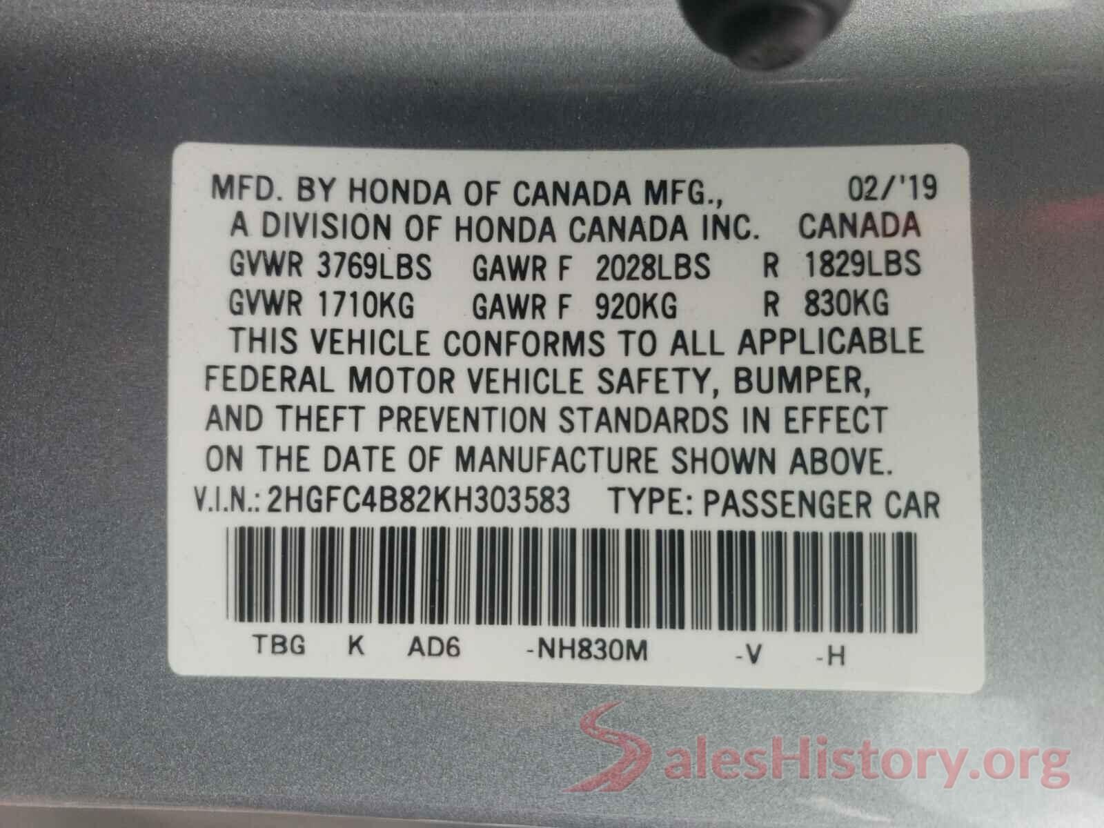 2HGFC4B82KH303583 2019 HONDA CIVIC