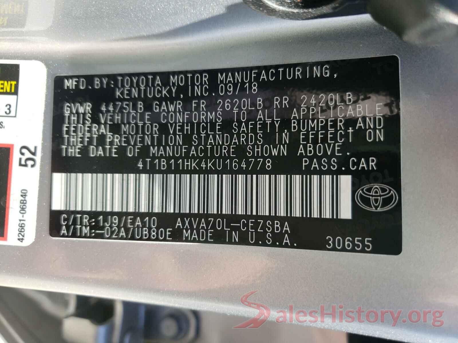 4T1B11HK4KU164778 2019 TOYOTA CAMRY