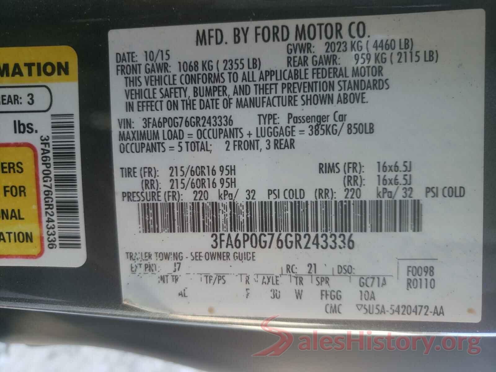 3FA6P0G76GR243336 2016 FORD FUSION