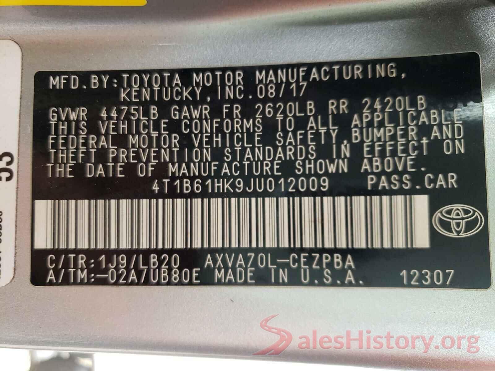 4T1B61HK9JU012009 2018 TOYOTA CAMRY