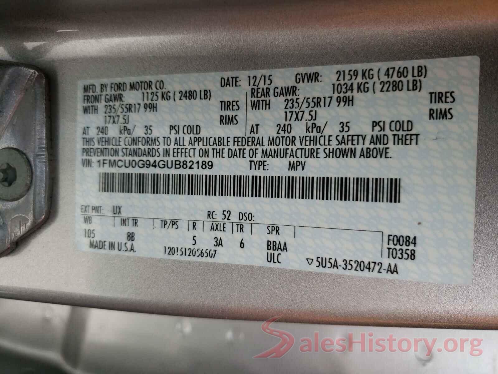 1FMCU0G94GUB82189 2016 FORD ESCAPE