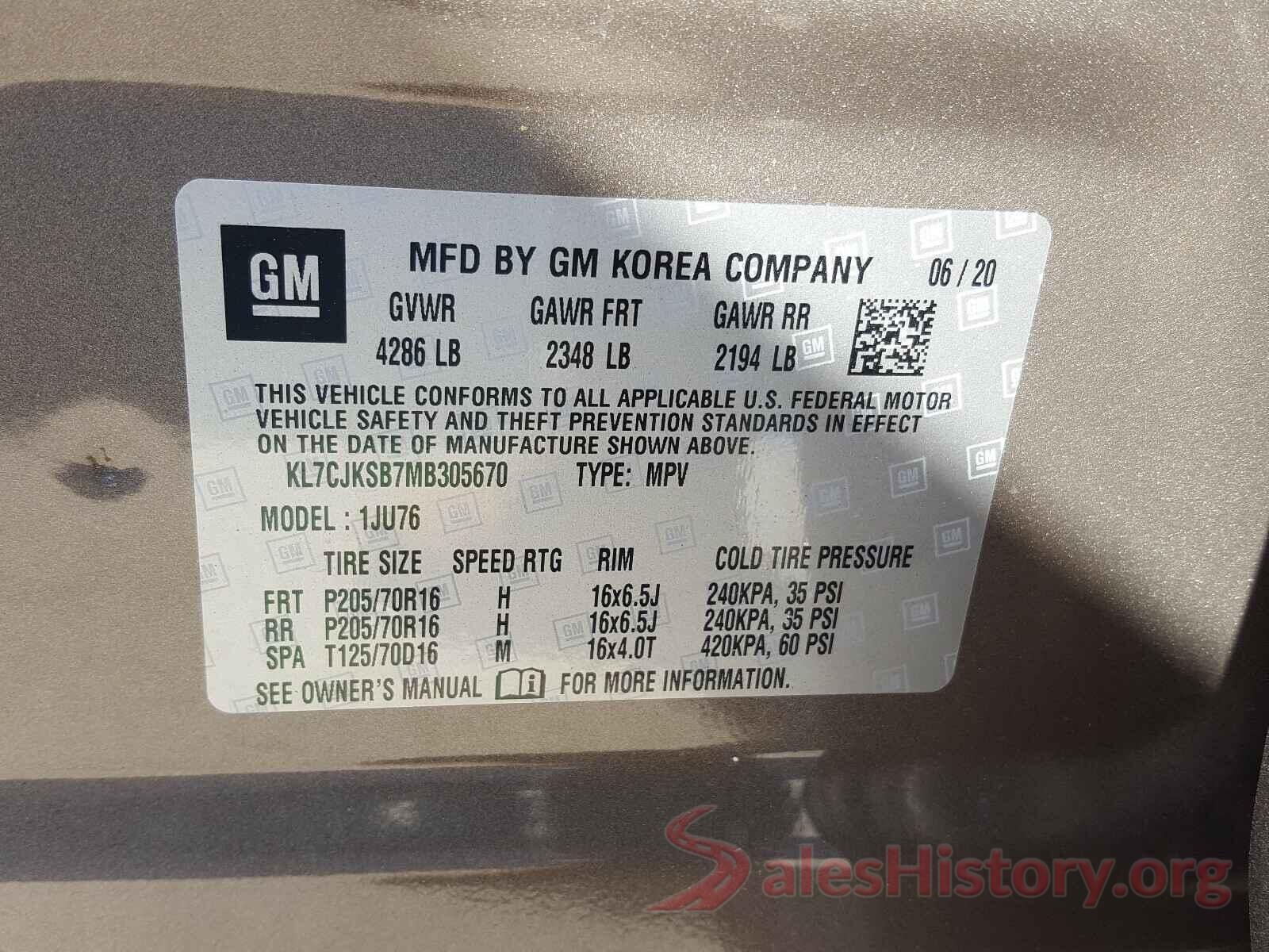 KL7CJKSB7MB305670 2021 CHEVROLET TRAX