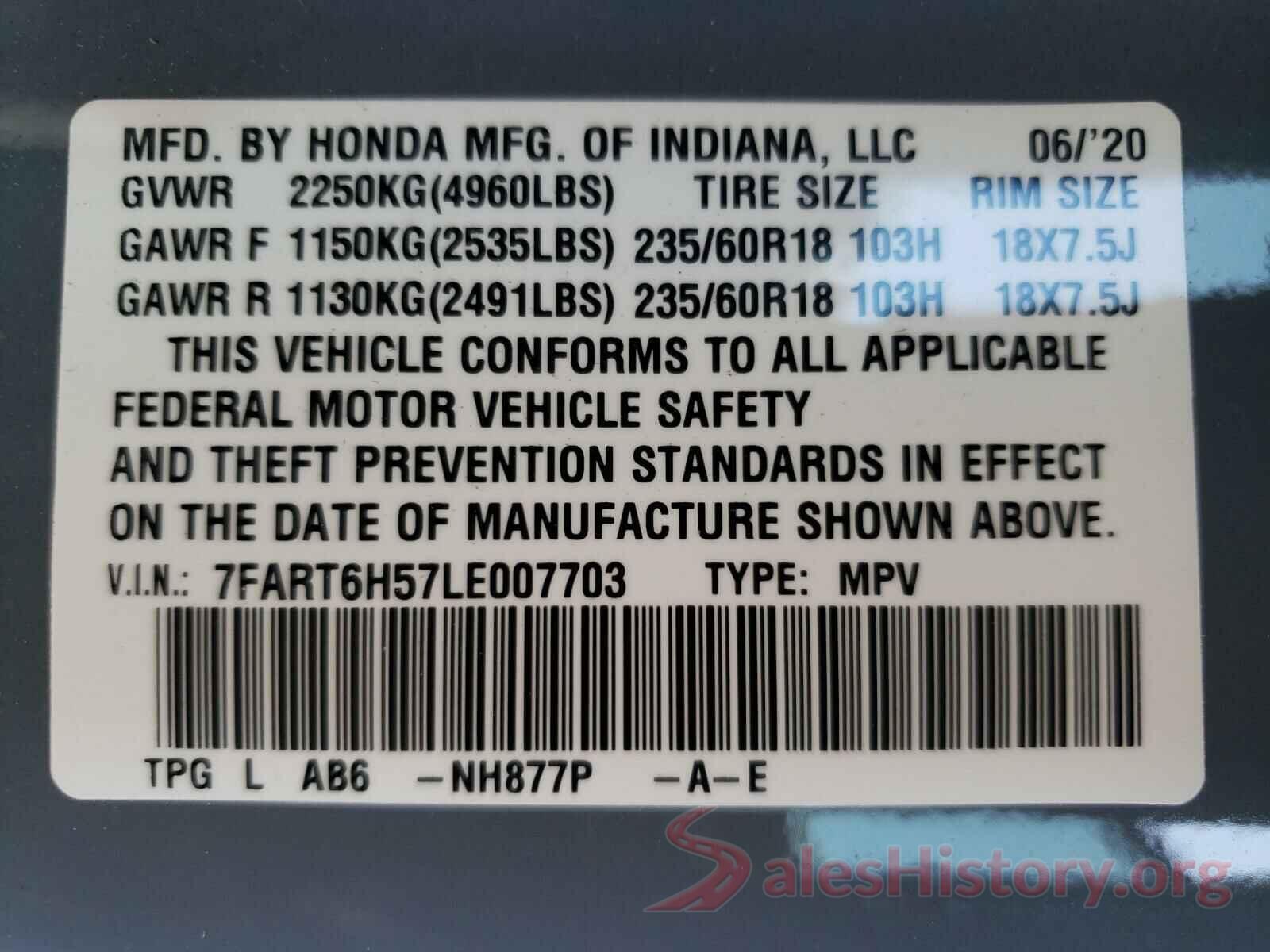 7FART6H57LE007703 2020 HONDA CRV