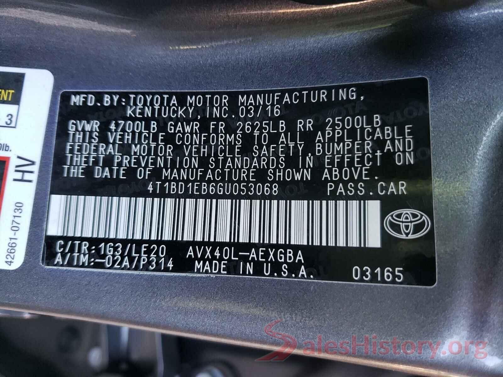 4T1BD1EB6GU053068 2016 TOYOTA AVALON