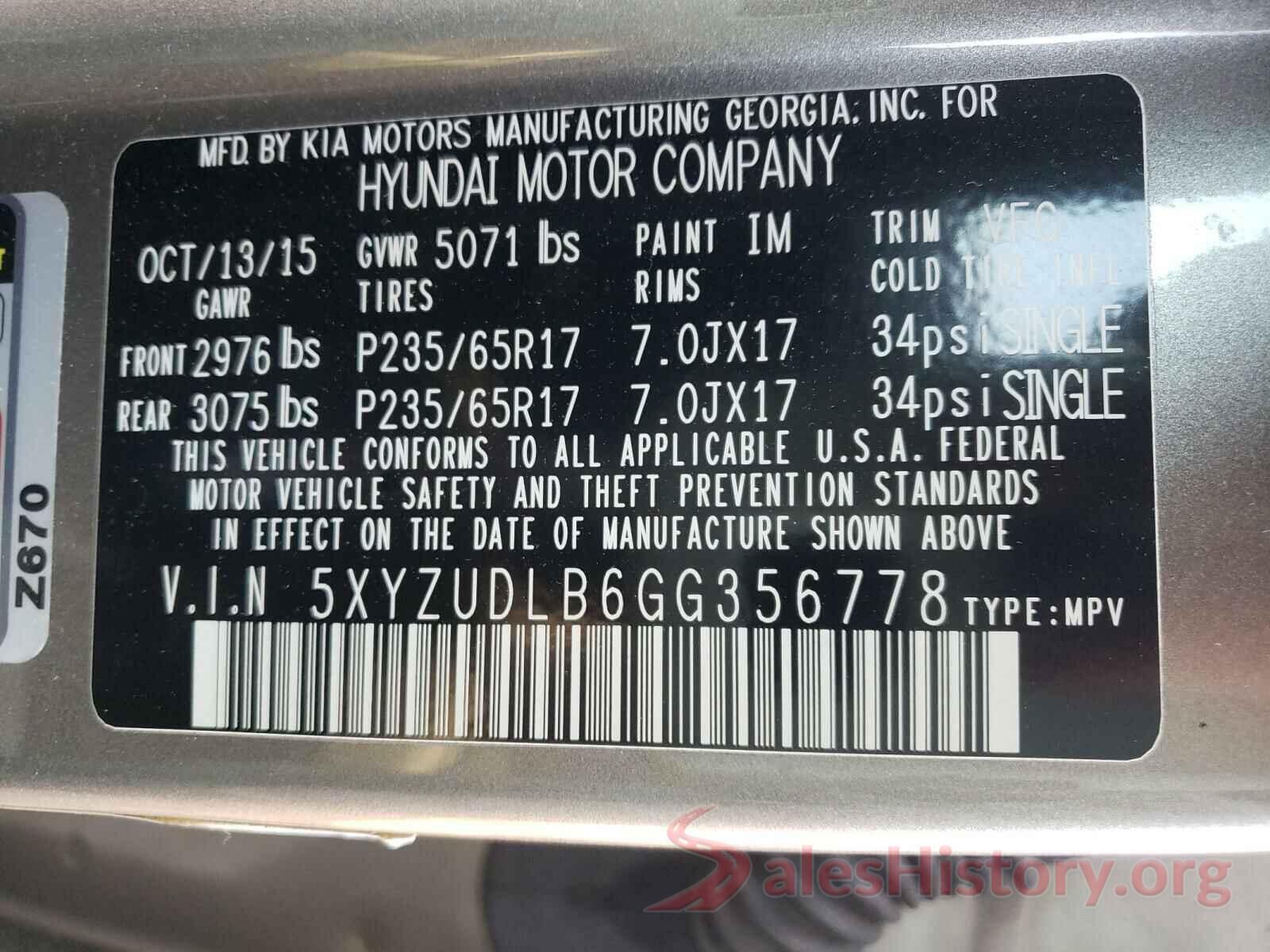 5XYZUDLB6GG356778 2016 HYUNDAI SANTA FE