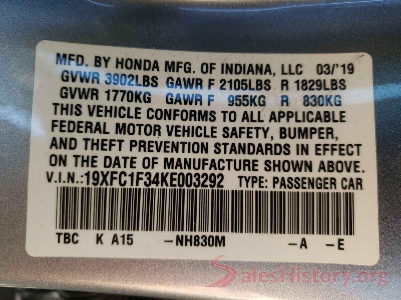 19XFC1F34KE003292 2019 HONDA CIVIC