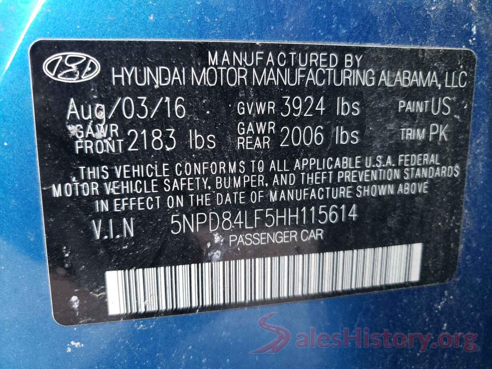 5NPD84LF5HH115614 2017 HYUNDAI ELANTRA