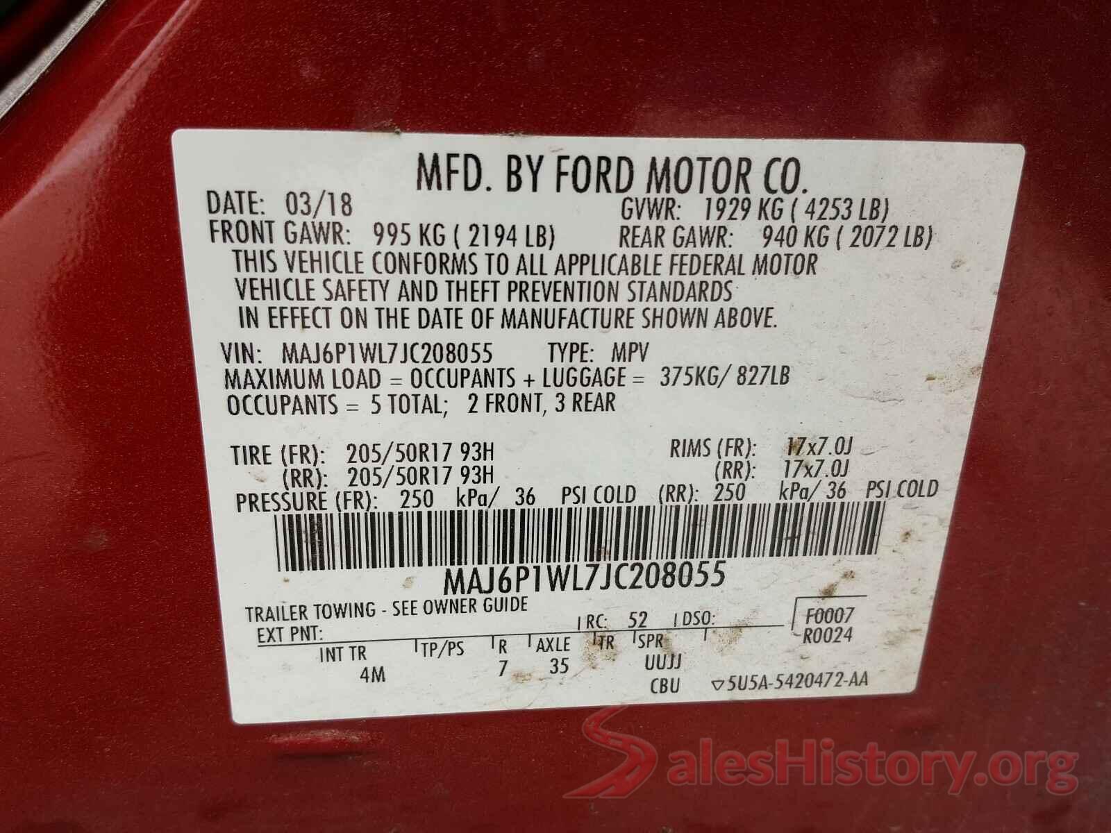 MAJ6P1WL7JC208055 2018 FORD ALL OTHER