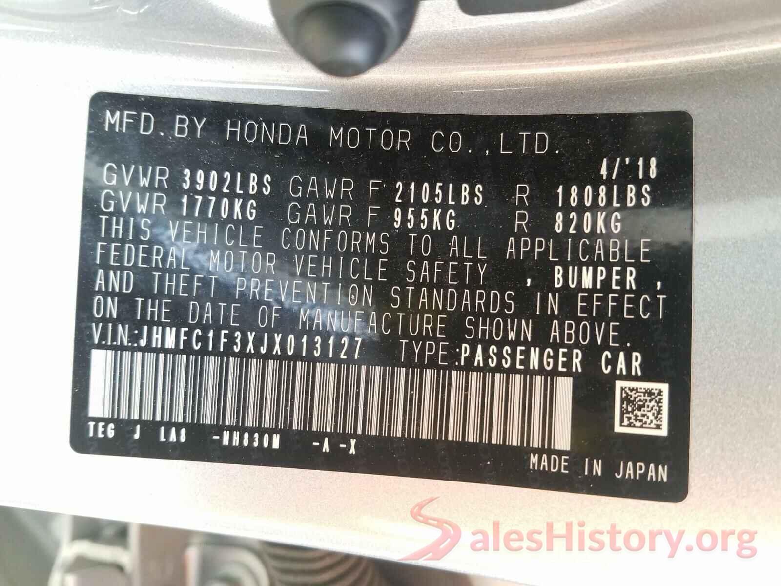 JHMFC1F3XJX013127 2018 HONDA CIVIC