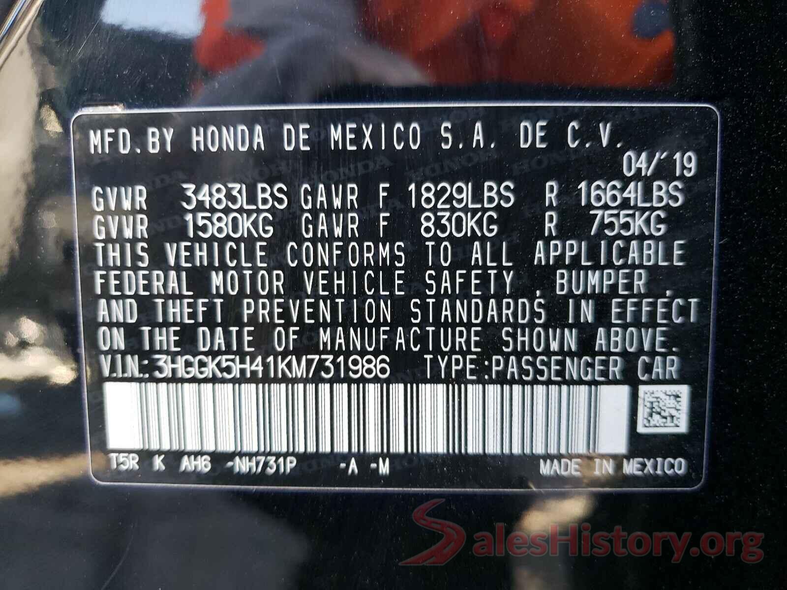 3HGGK5H41KM731986 2019 HONDA FIT