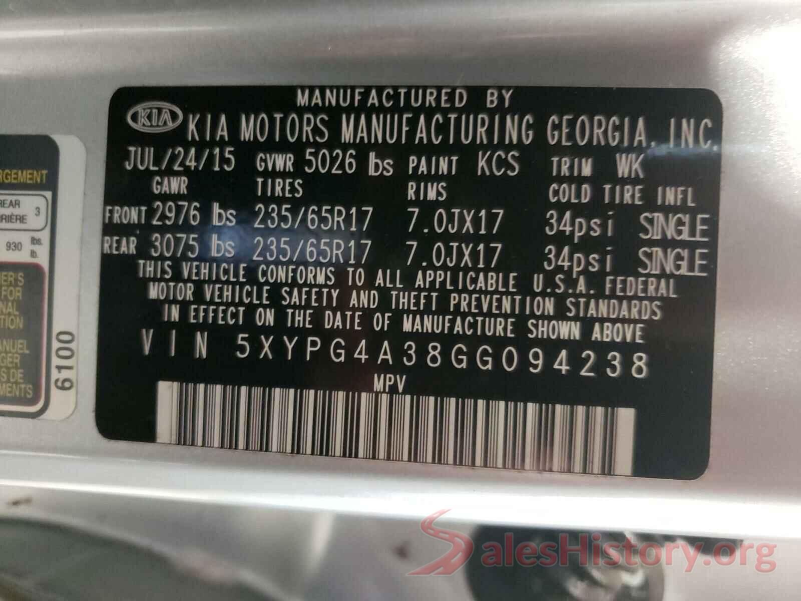 5XYPG4A38GG094238 2016 KIA SORENTO