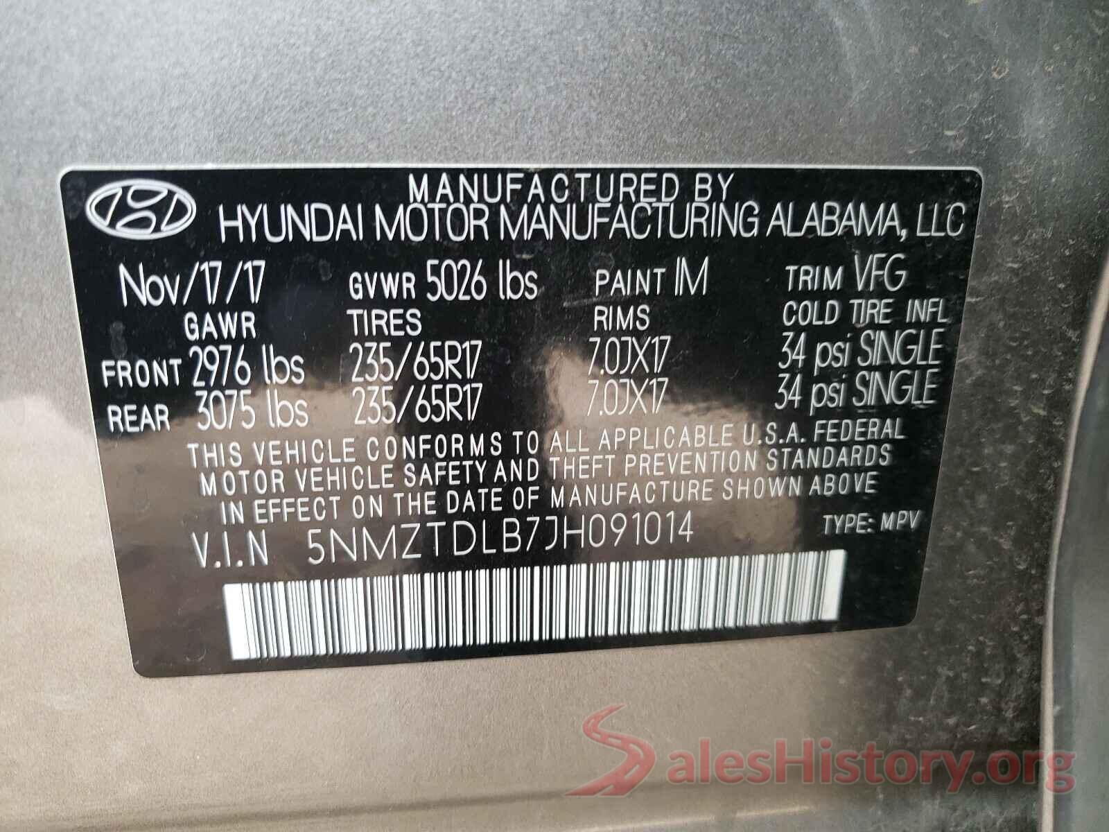 5NMZTDLB7JH091014 2018 HYUNDAI SANTA FE