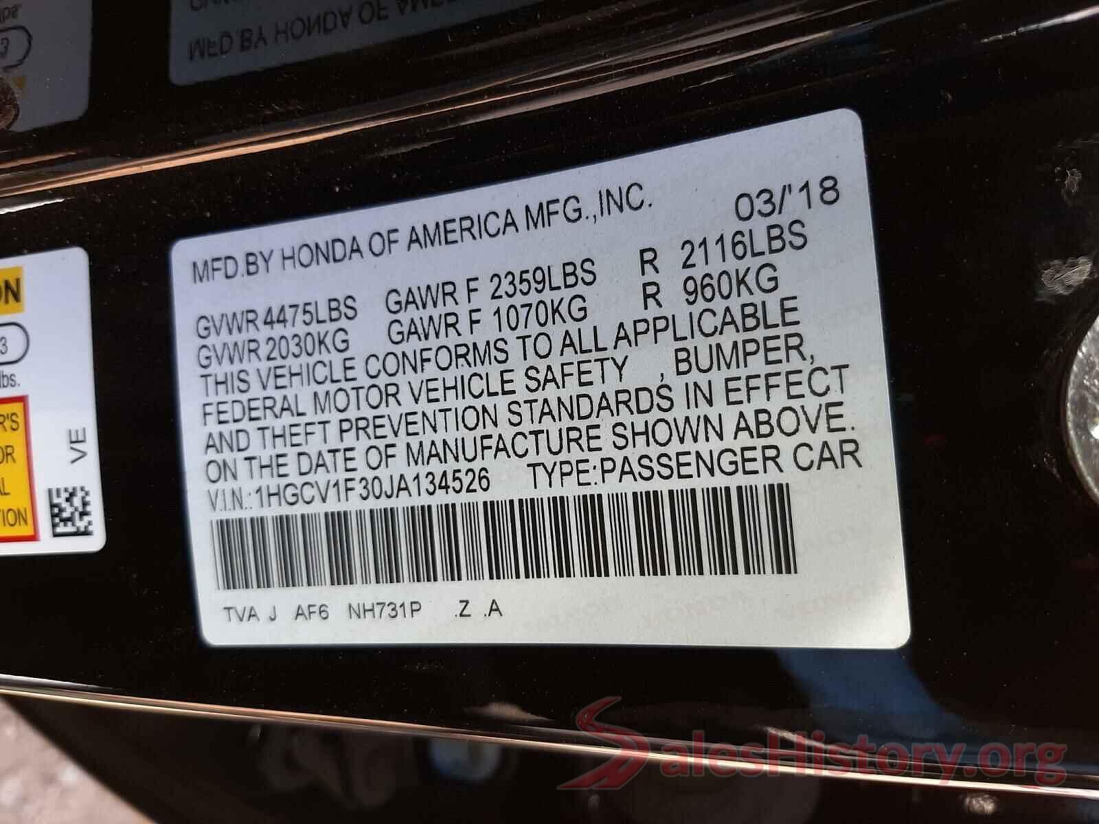 1HGCV1F30JA134526 2018 HONDA ACCORD