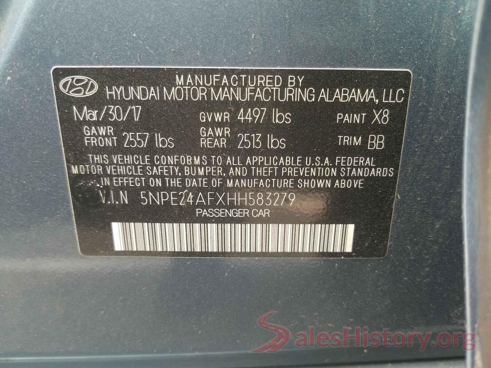 5NPE24AFXHH583279 2017 HYUNDAI SONATA