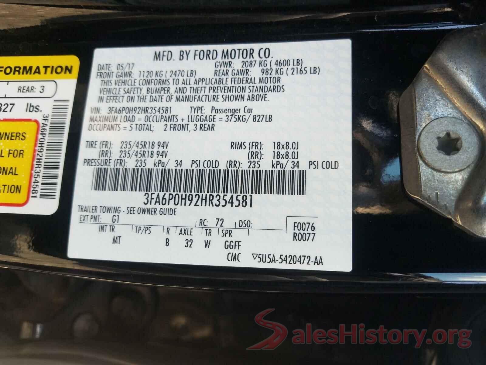 3FA6P0H92HR354581 2017 FORD FUSION