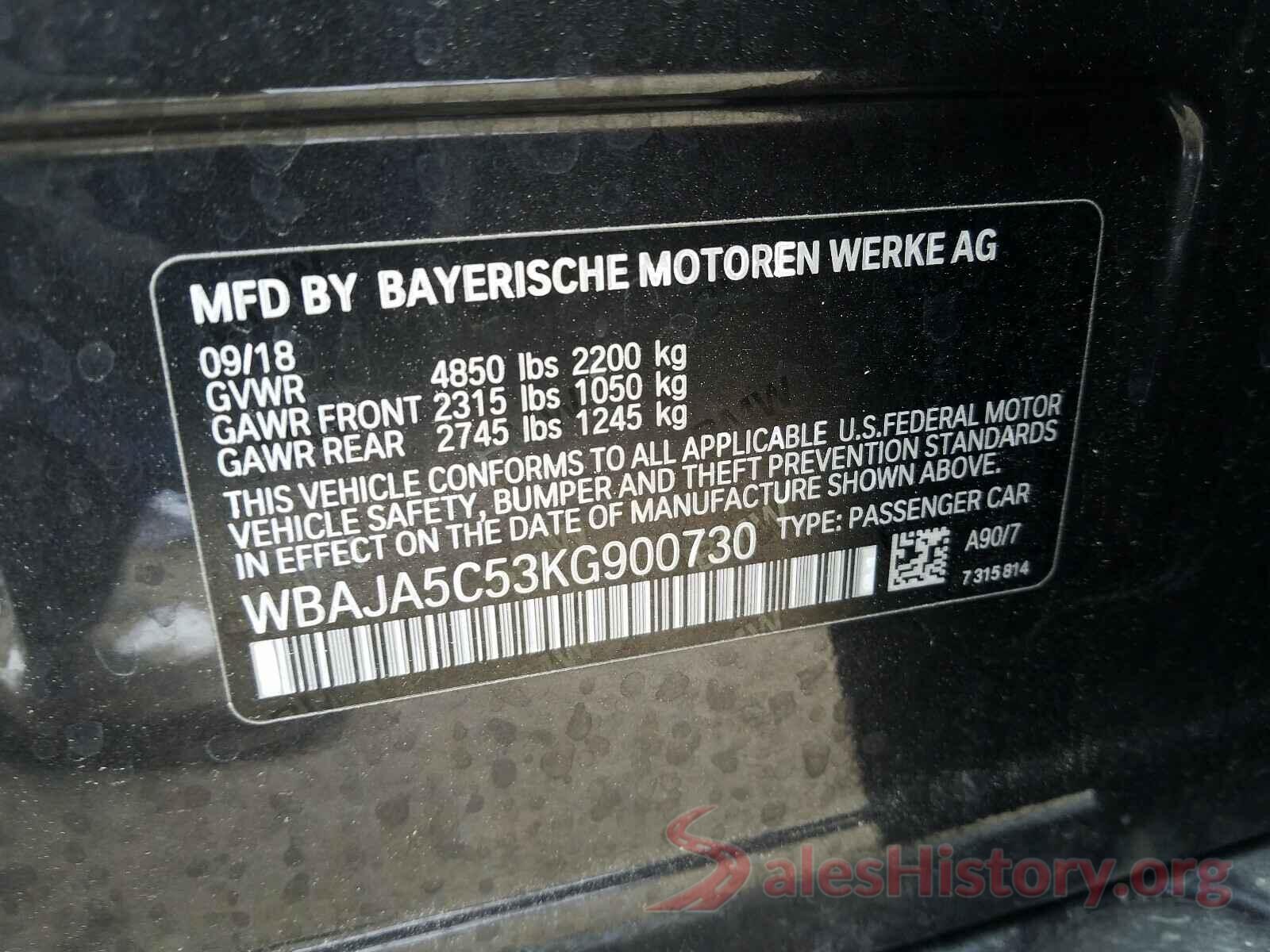 WBAJA5C53KG900730 2019 BMW 5 SERIES