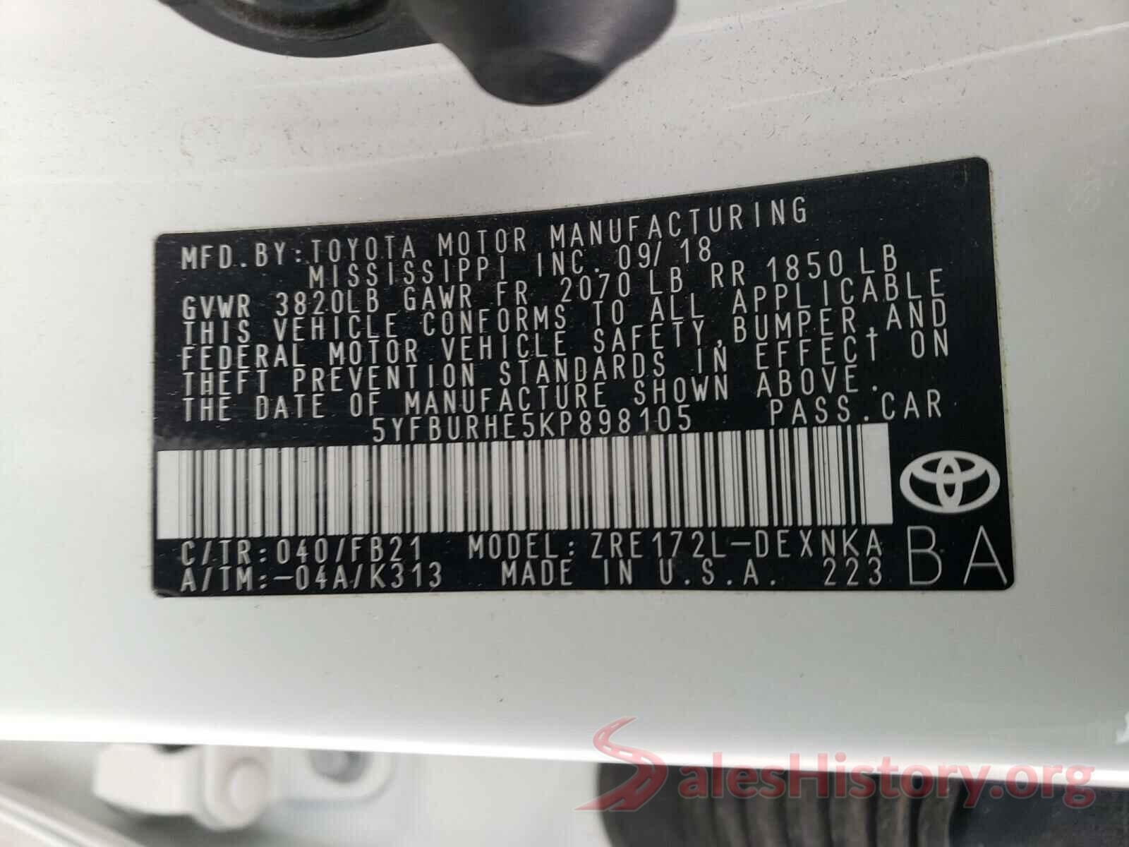 5YFBURHE5KP898105 2019 TOYOTA COROLLA