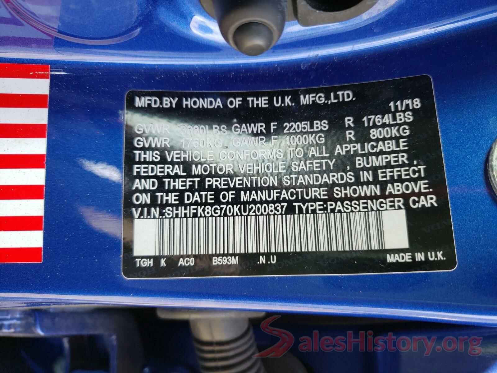 SHHFK8G70KU200837 2019 HONDA CIVIC