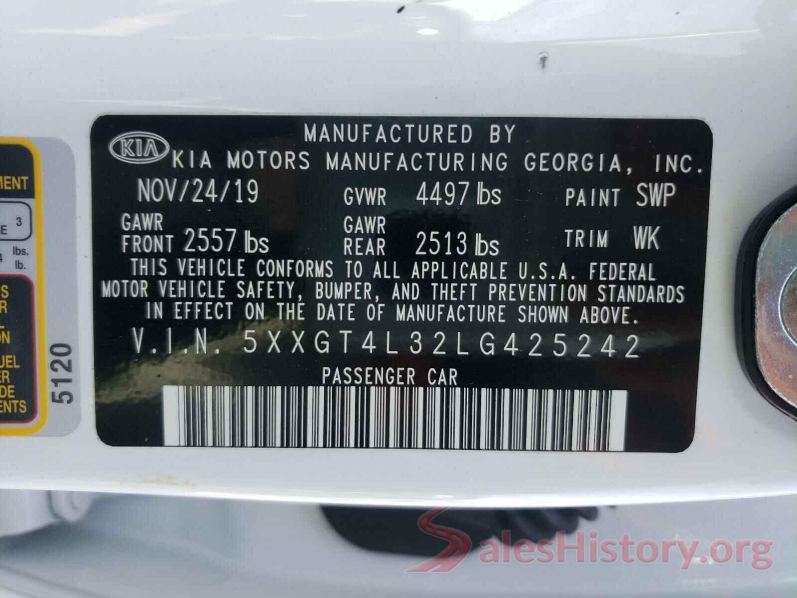 5XXGT4L32LG425242 2020 KIA OPTIMA