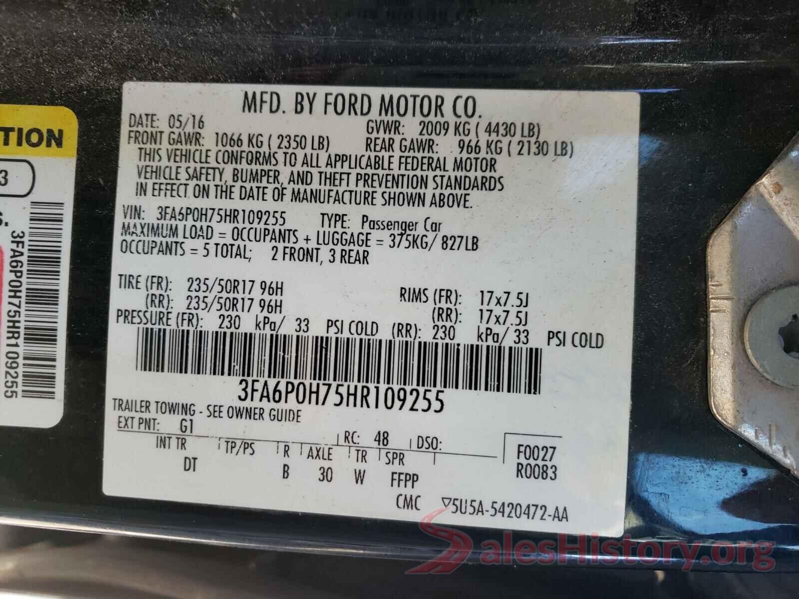 3FA6P0H75HR109255 2017 FORD FUSION