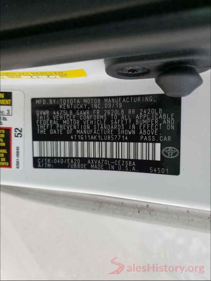 4T1G11AK1LU857714 2020 TOYOTA CAMRY