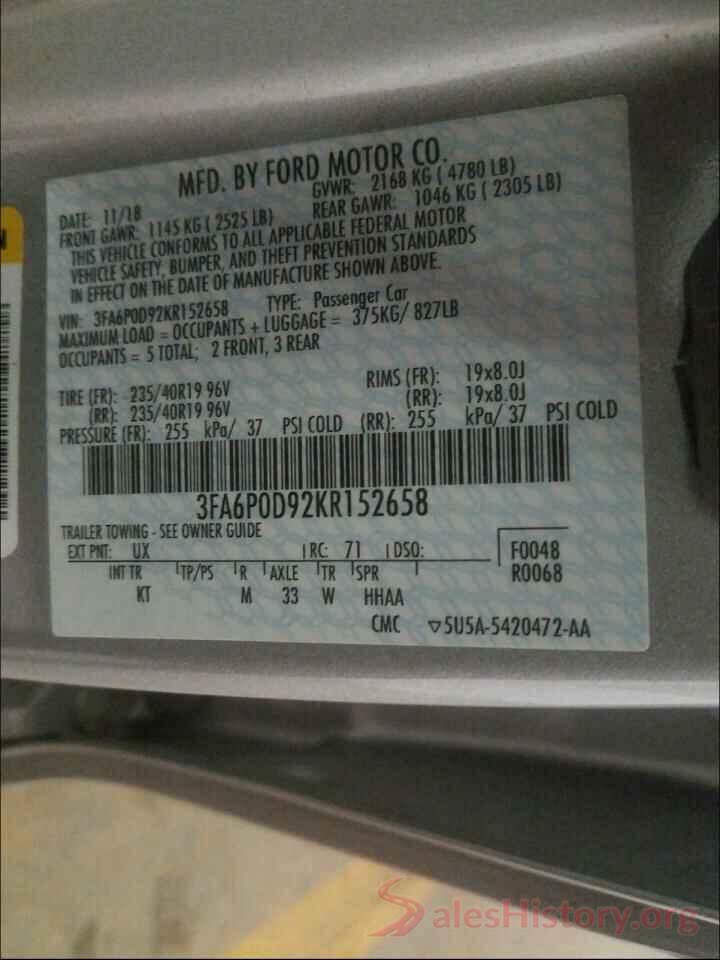 3FA6P0D92KR152658 2019 FORD FUSION