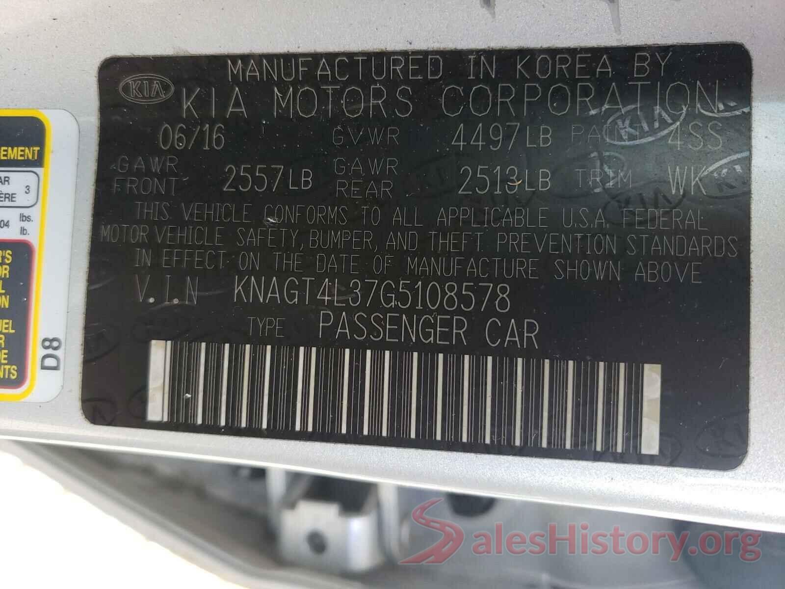 KNAGT4L37G5108578 2016 KIA OPTIMA