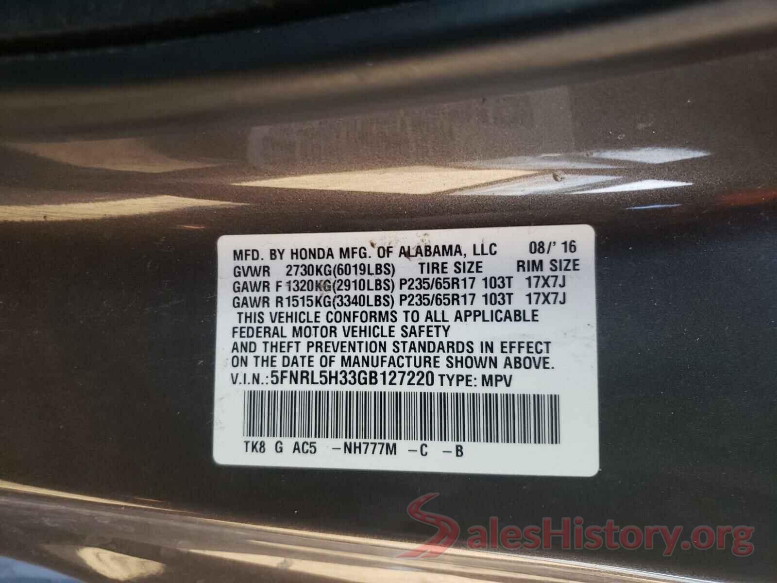 5FNRL5H33GB127220 2016 HONDA ODYSSEY