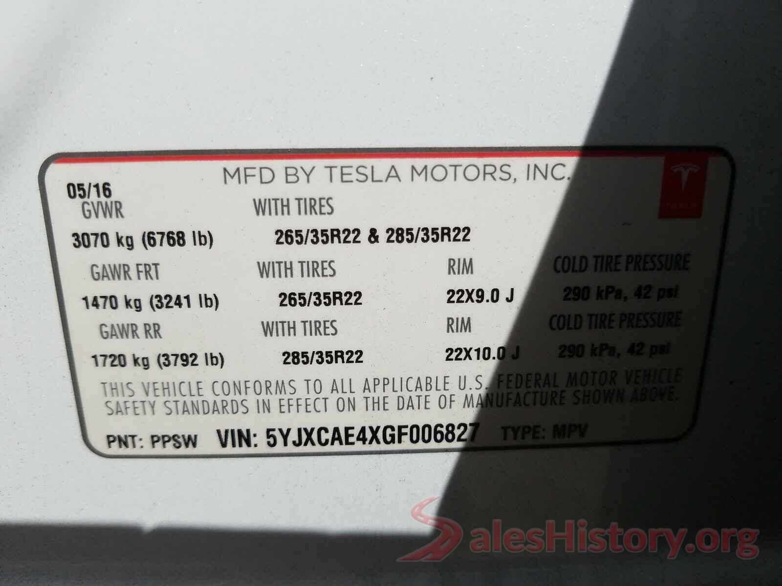 5YJXCAE4XGF006827 2016 TESLA MODEL X