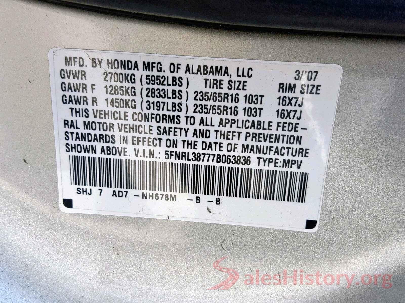 5FNRL38777B063836 2007 HONDA ODYSSEY EX