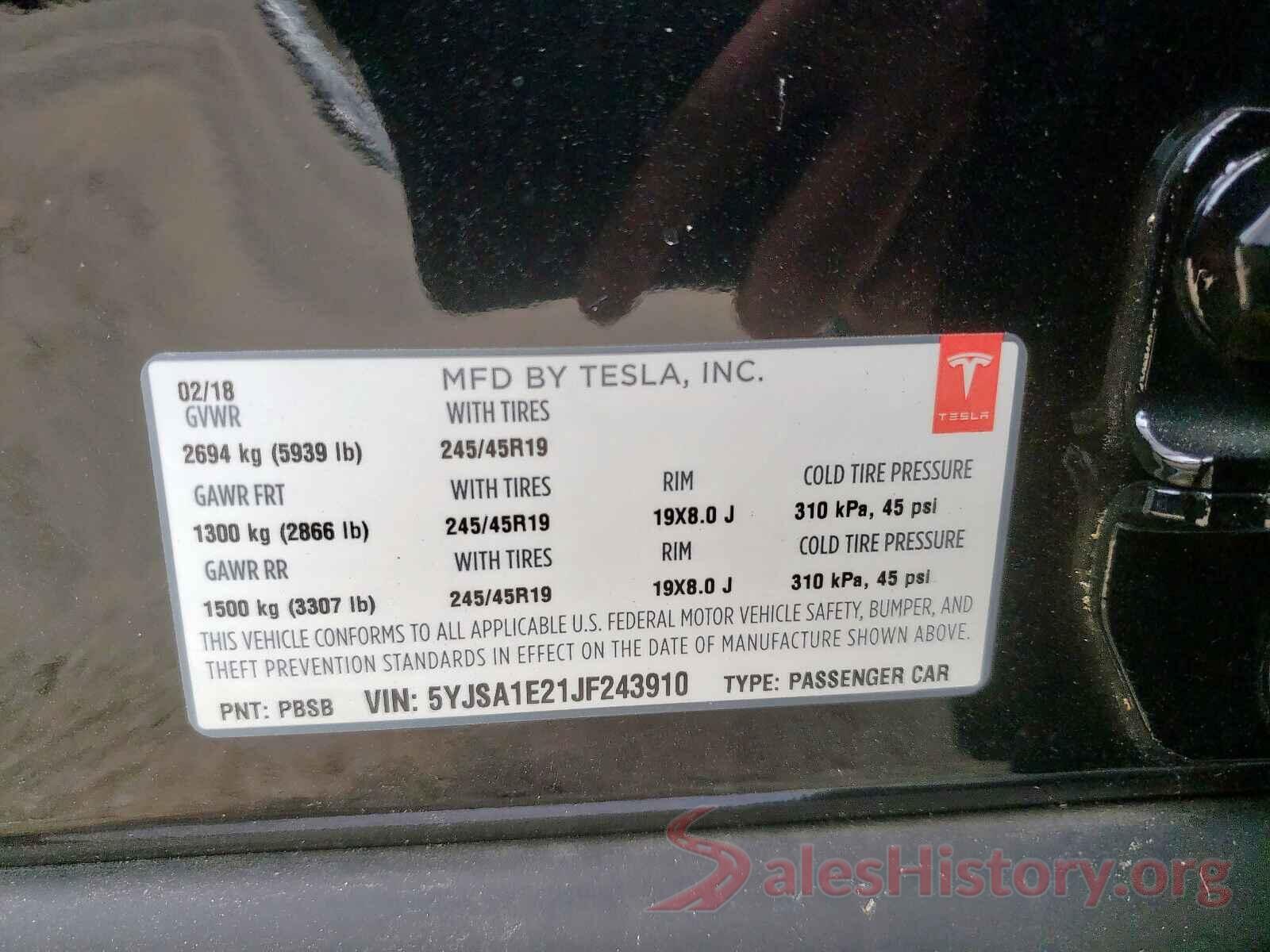 5YJSA1E21JF243910 2018 TESLA MODEL S