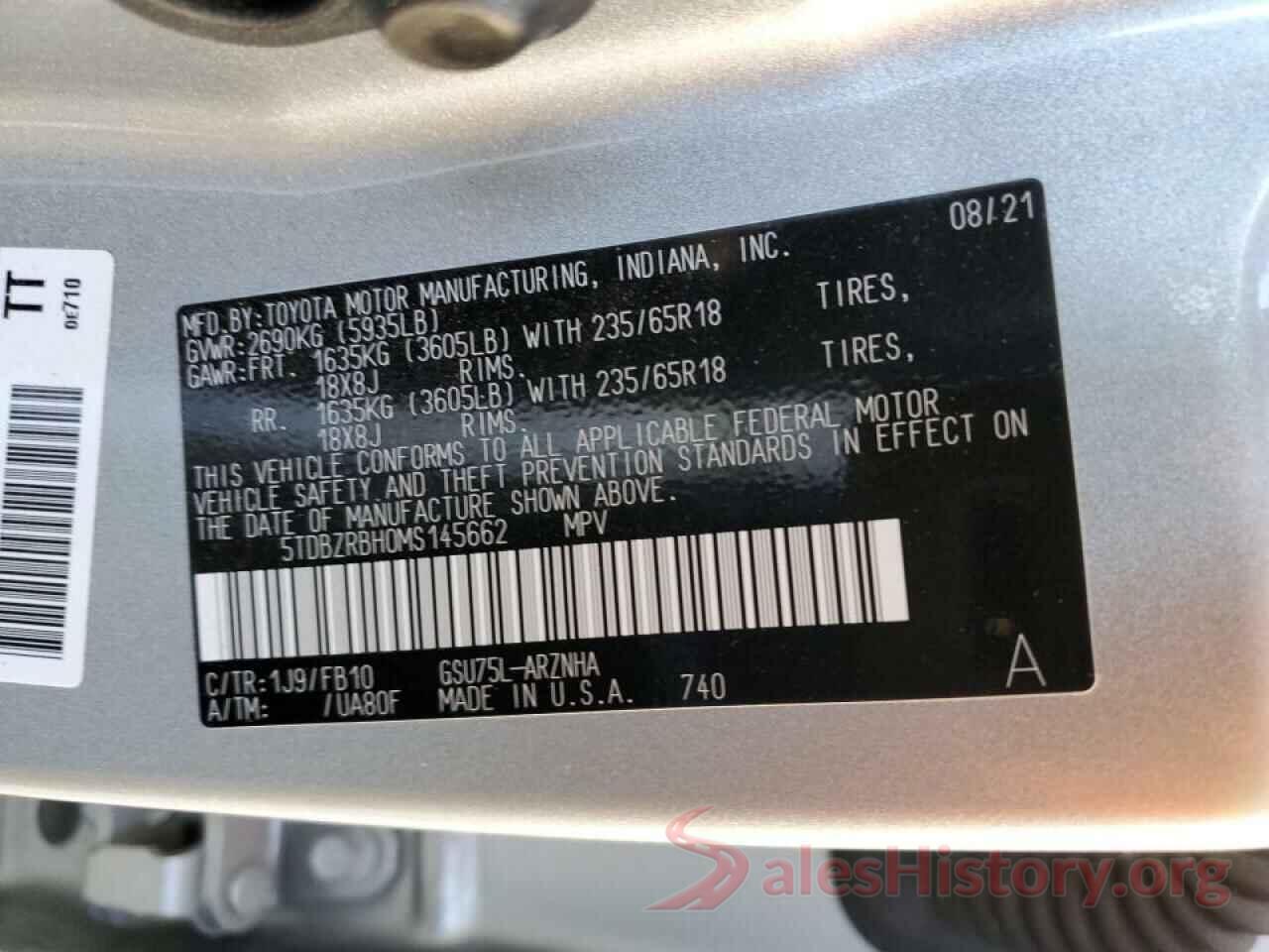 5TDBZRBH0MS145662 2021 TOYOTA HIGHLANDER