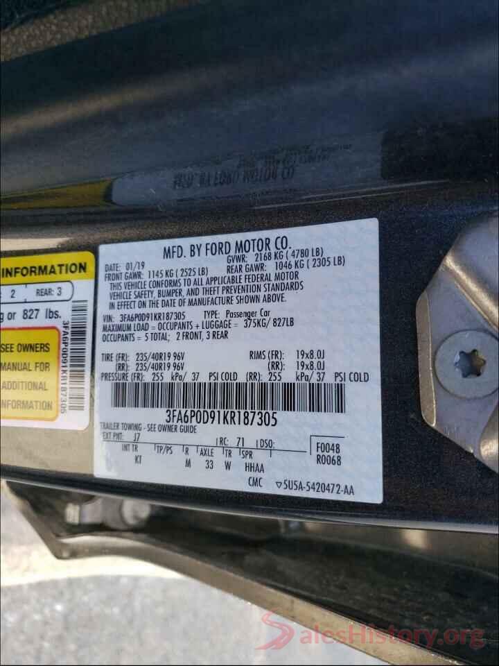 3FA6P0D91KR187305 2019 FORD FUSION