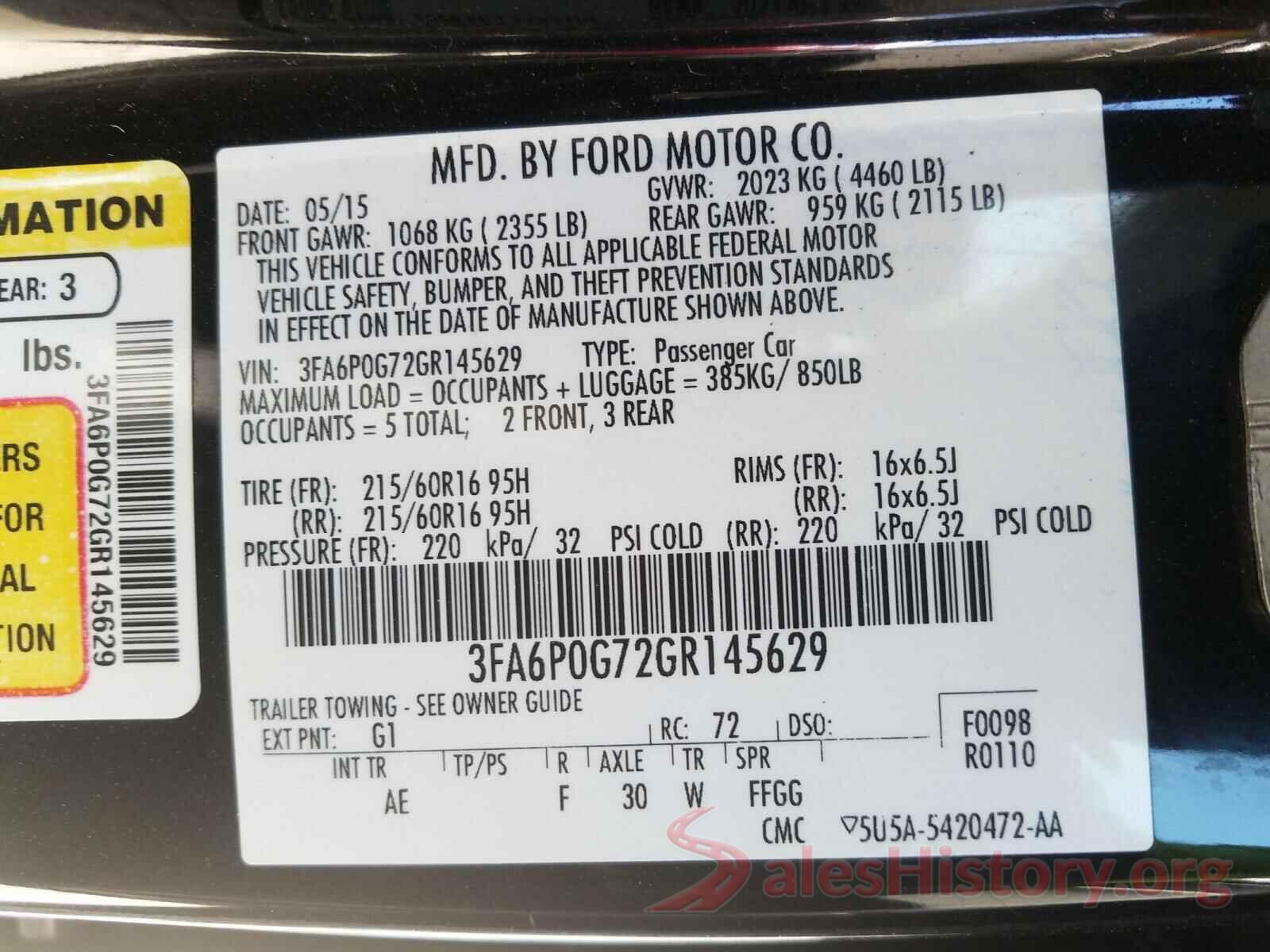 3FA6P0G72GR145629 2016 FORD FUSION