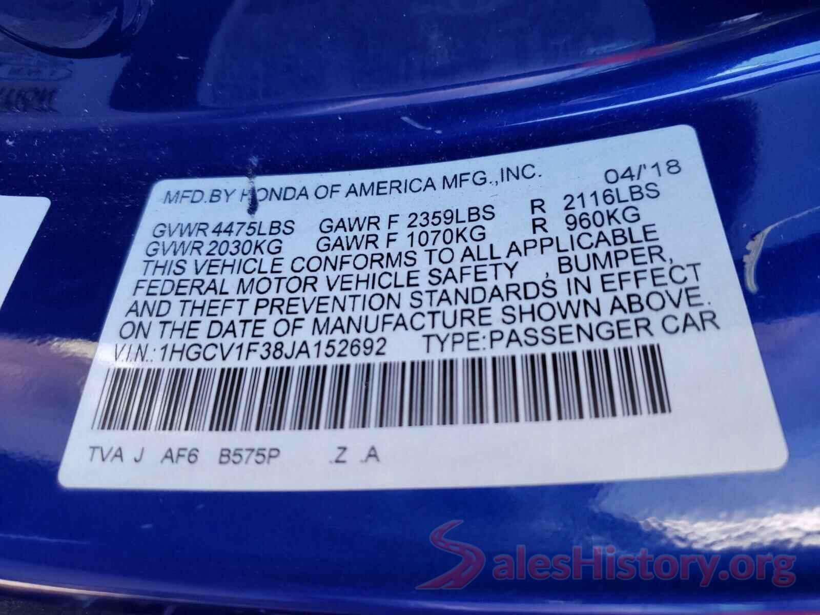 1HGCV1F38JA152692 2018 HONDA ACCORD