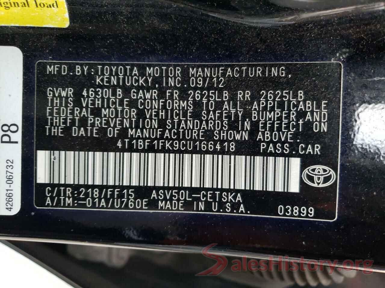 4T1BF1FK9CU166418 2012 TOYOTA CAMRY