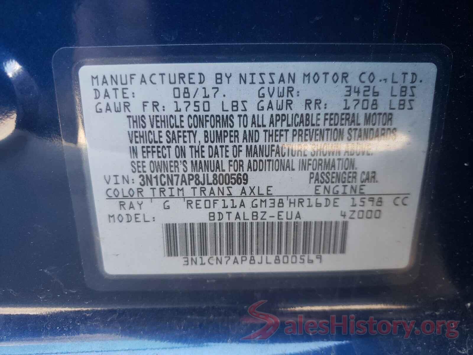 3N1CN7AP8JL800569 2018 NISSAN VERSA