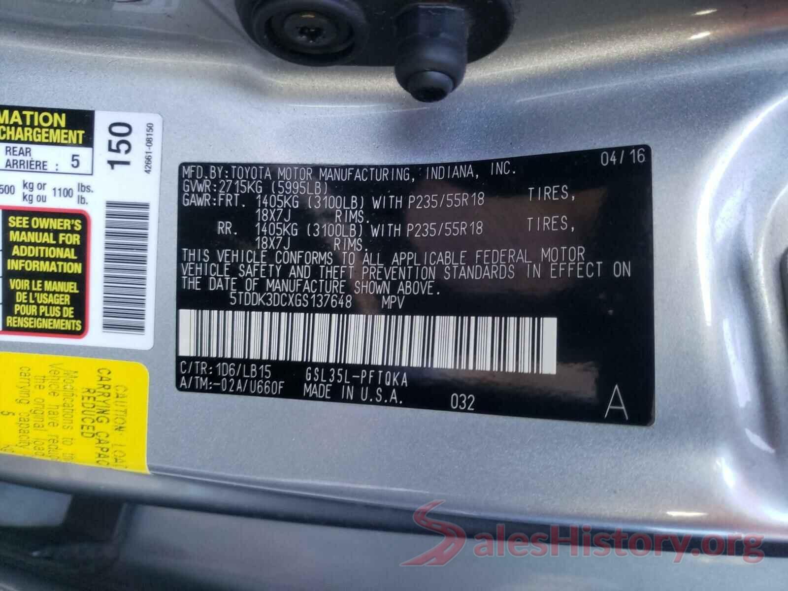 5TDDK3DCXGS137648 2016 TOYOTA SIENNA