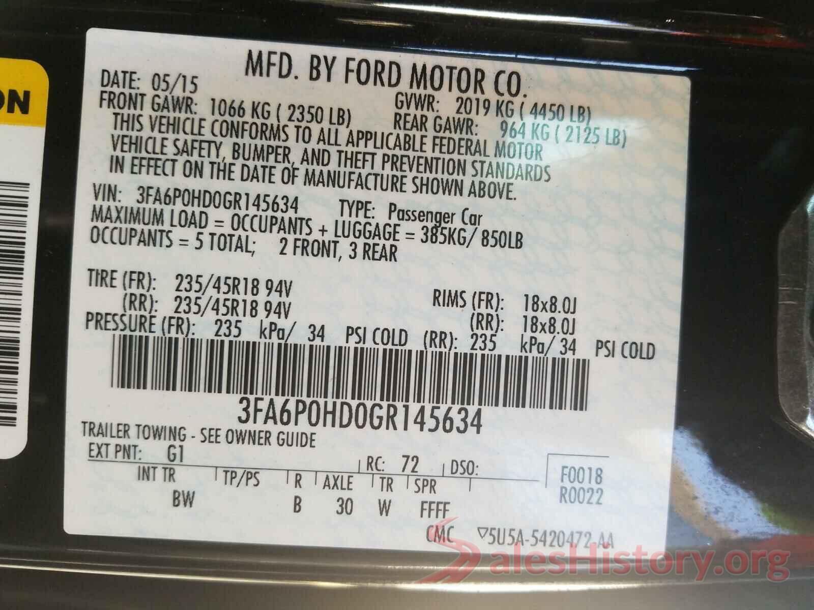 3FA6P0HD0GR145634 2016 FORD FUSION