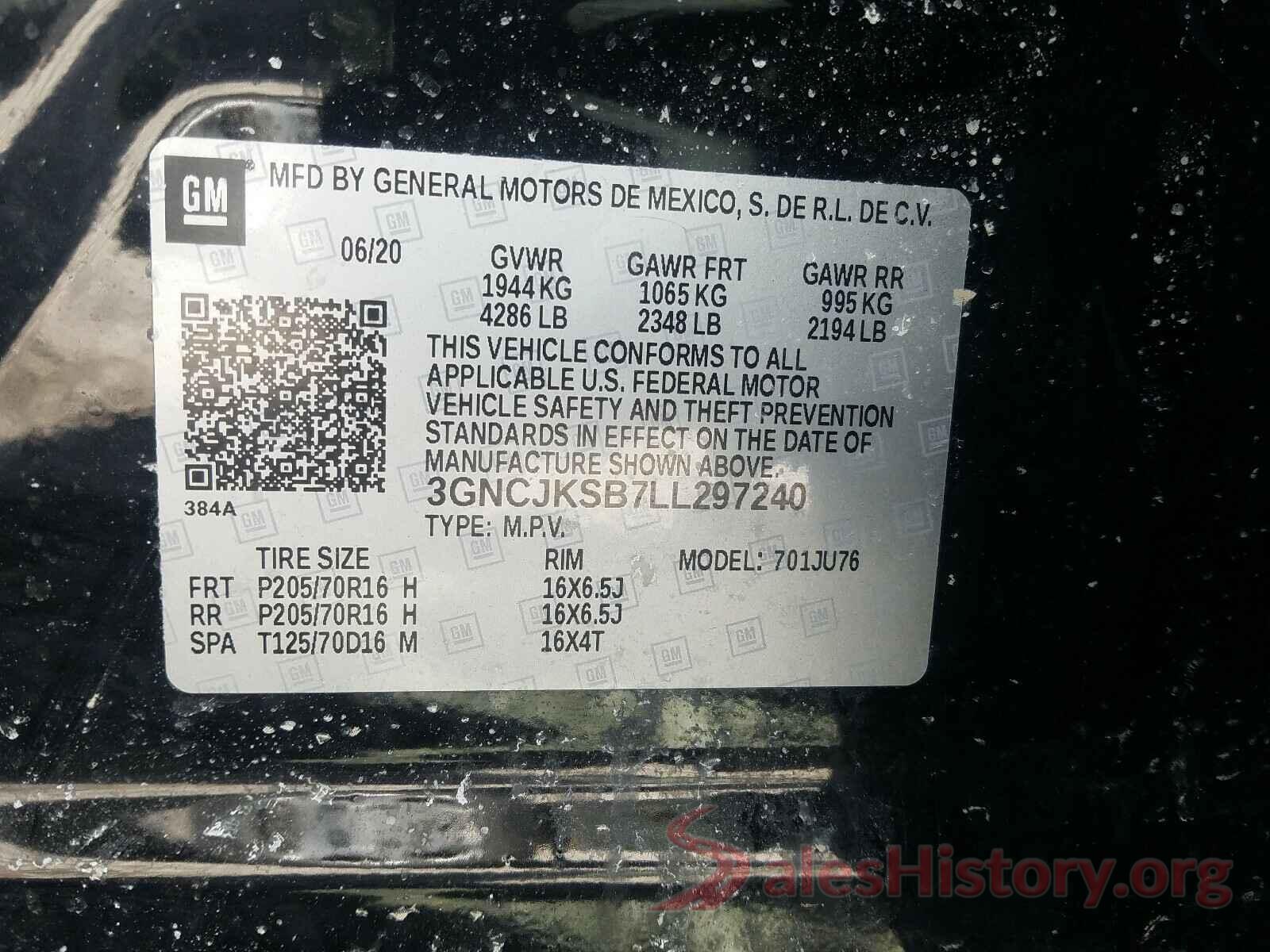 3GNCJKSB7LL297240 2020 CHEVROLET TRAX