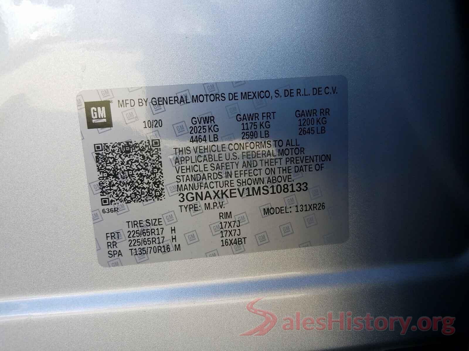 3GNAXKEV1MS108133 2021 CHEVROLET EQUINOX