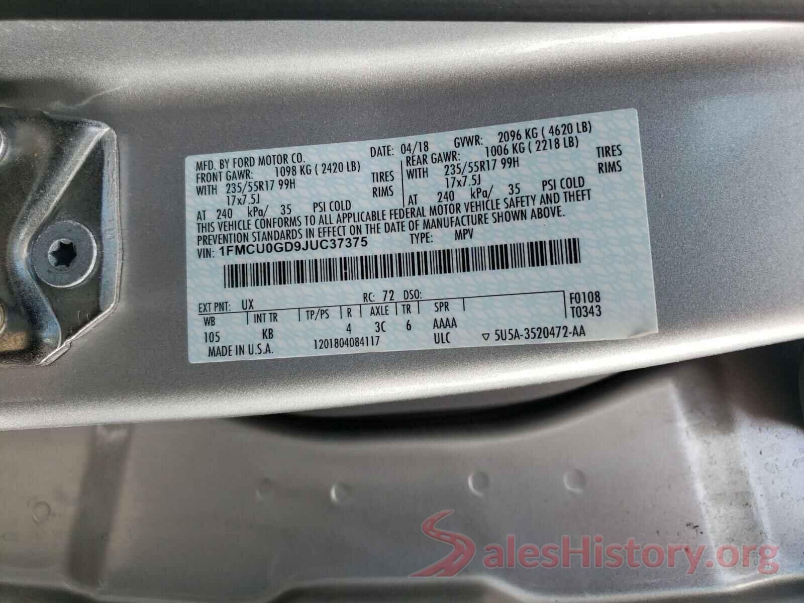 1FMCU0GD9JUC37375 2018 FORD ESCAPE