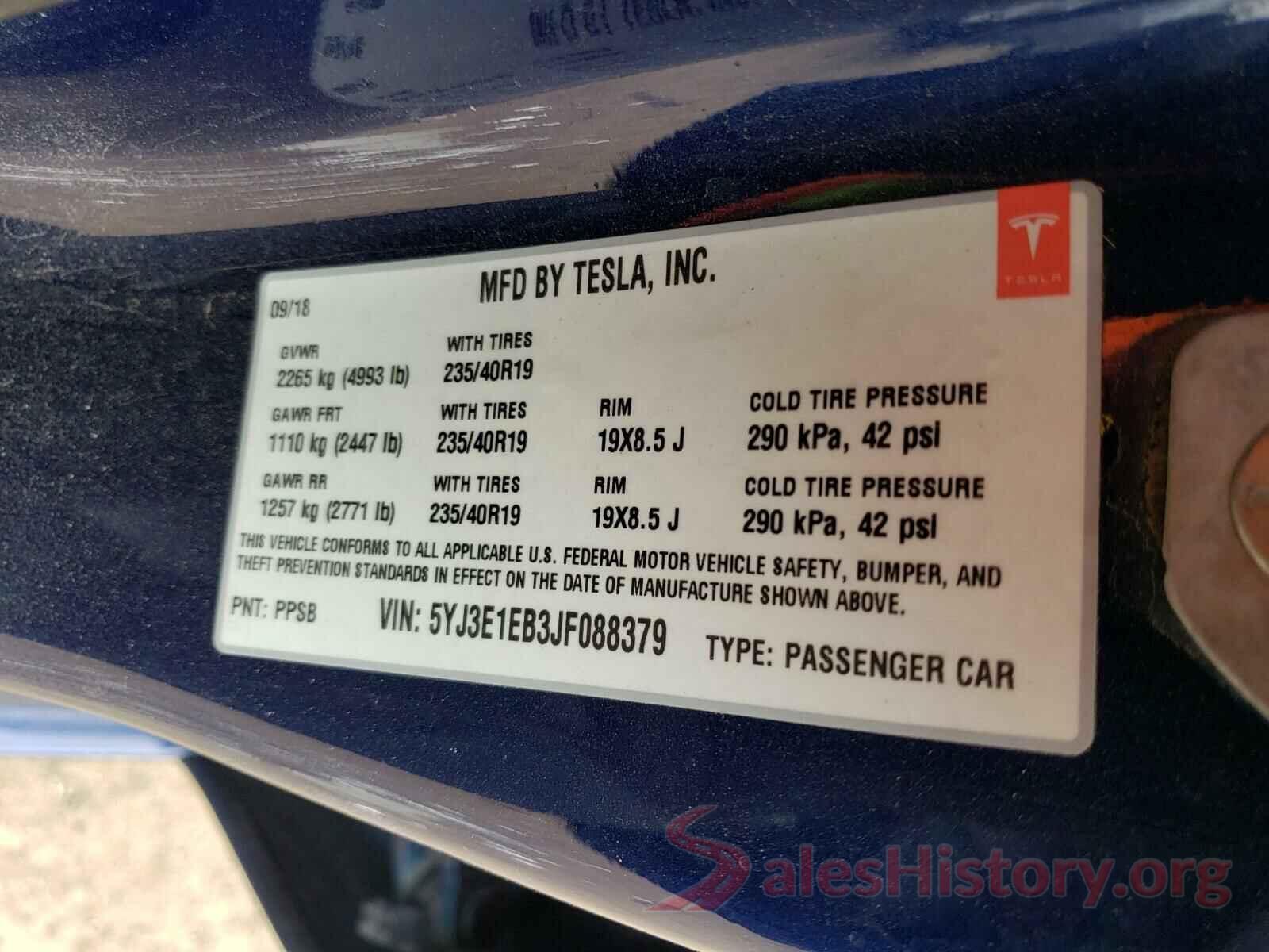 5YJ3E1EB3JF088379 2018 TESLA MODEL 3