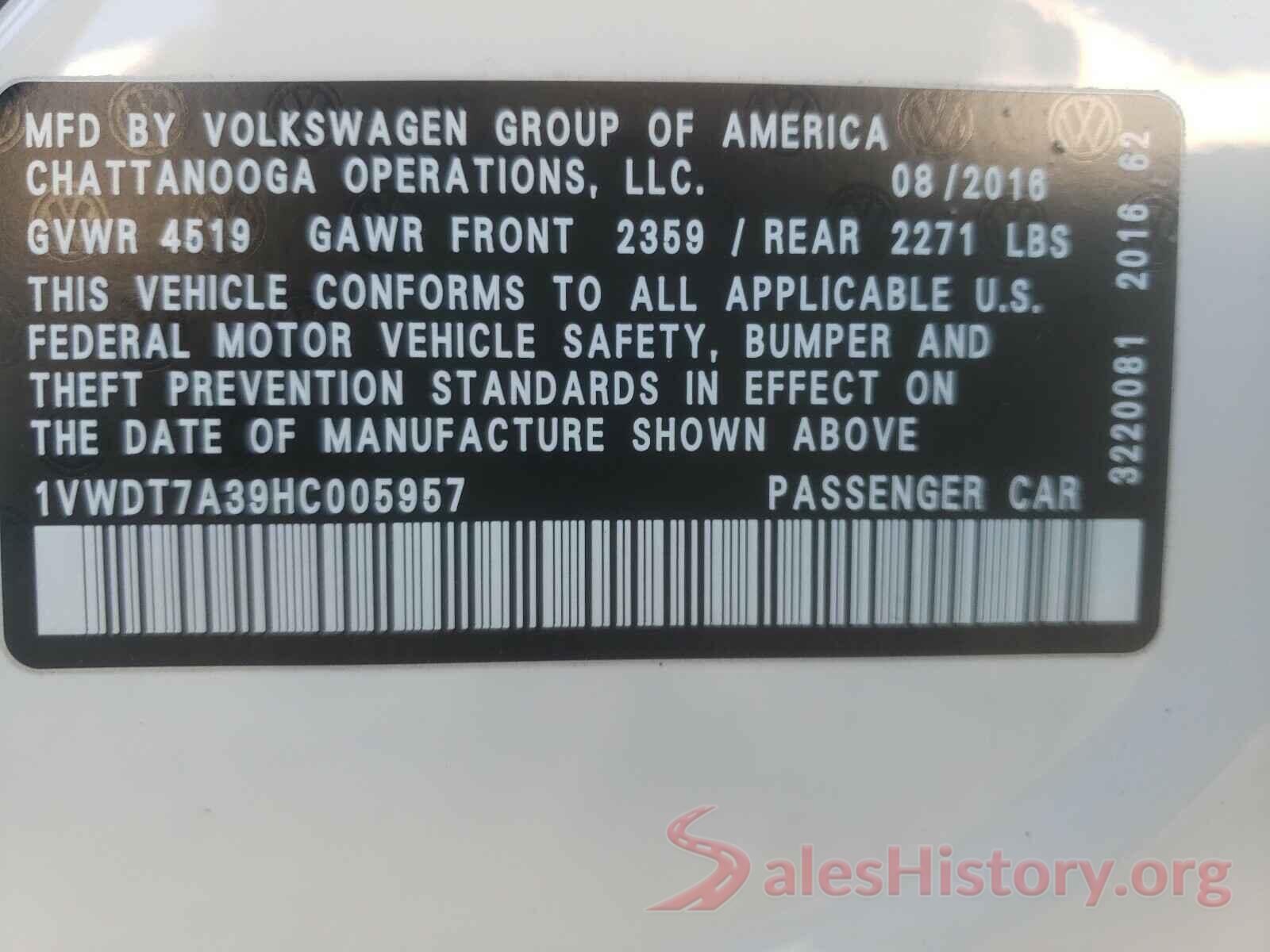 1VWDT7A39HC005957 2017 VOLKSWAGEN PASSAT