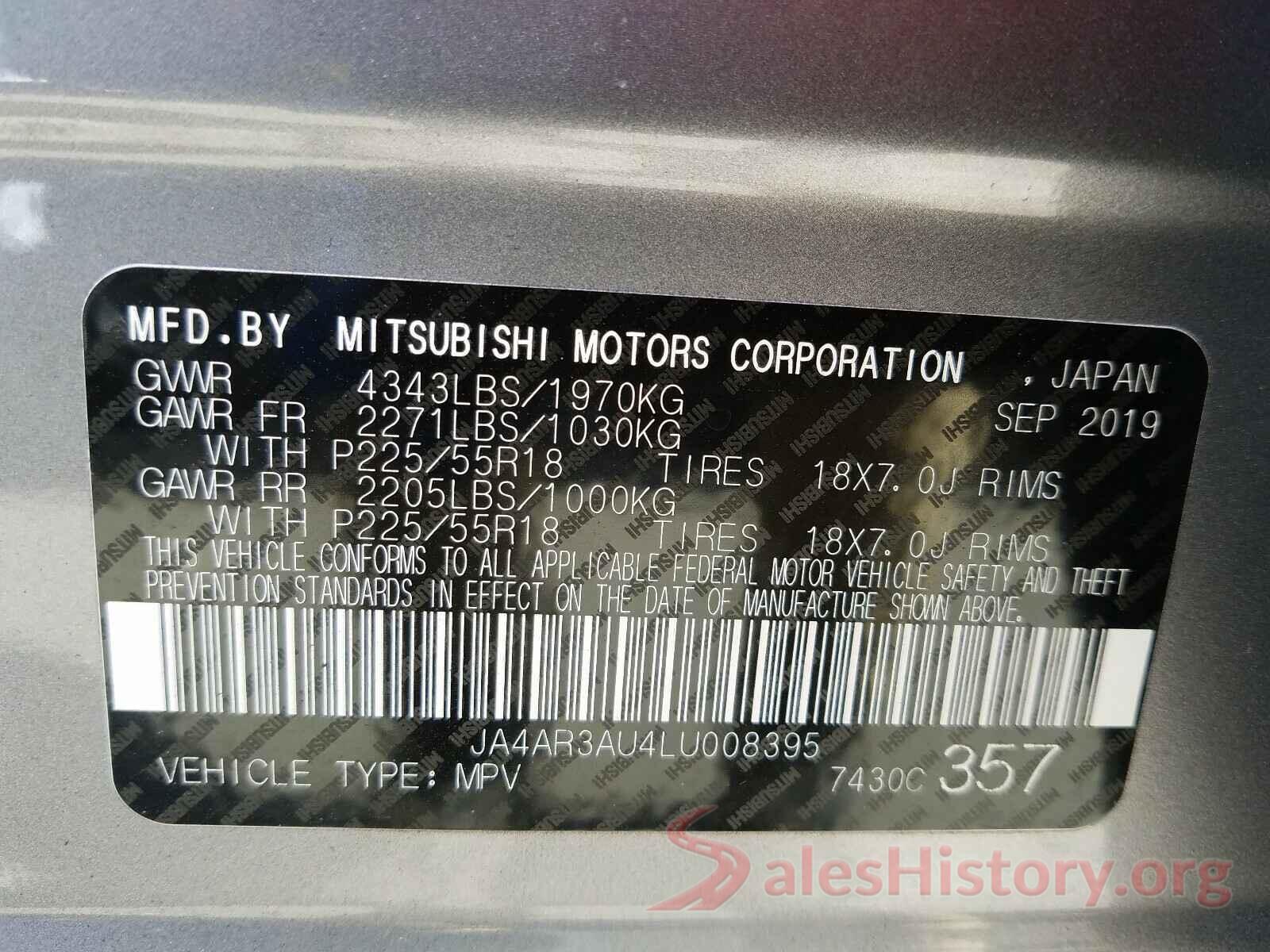 JA4AR3AU4LU008395 2020 MITSUBISHI OUTLANDER