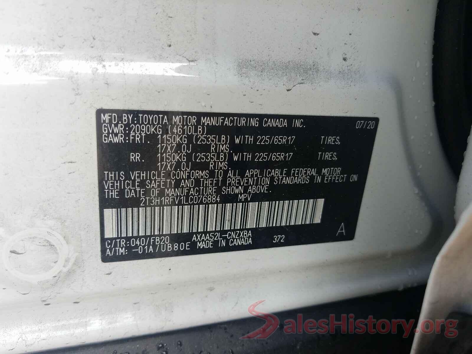 2T3H1RFV1LC076884 2020 TOYOTA RAV4