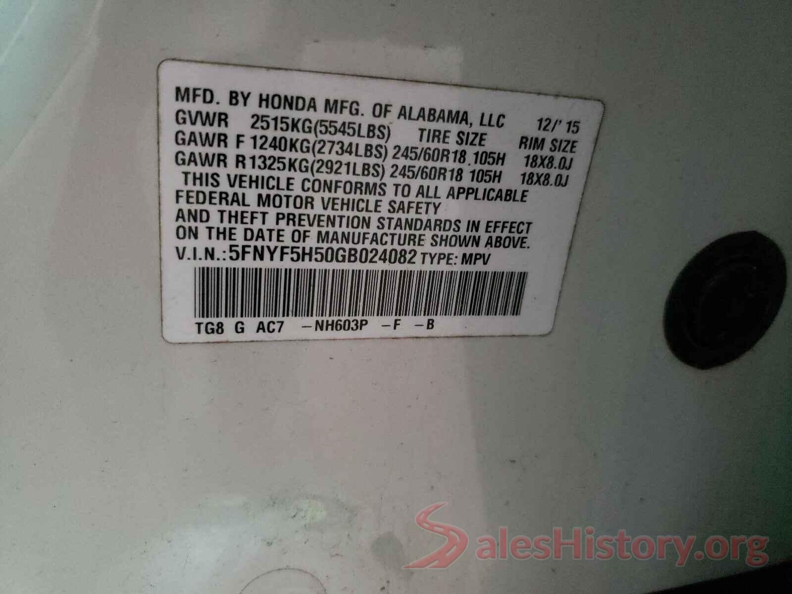 5FNYF5H50GB024082 2016 HONDA PILOT